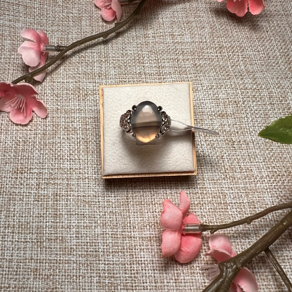 Size 6 | Silver Boho Gemstone Ring – Large Oval Lace Agate, Chunky Statement